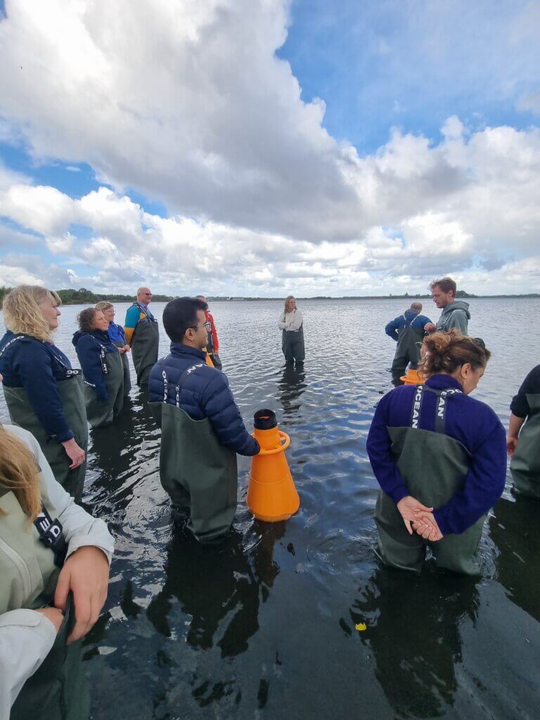 People standing in the sea wearing waders.